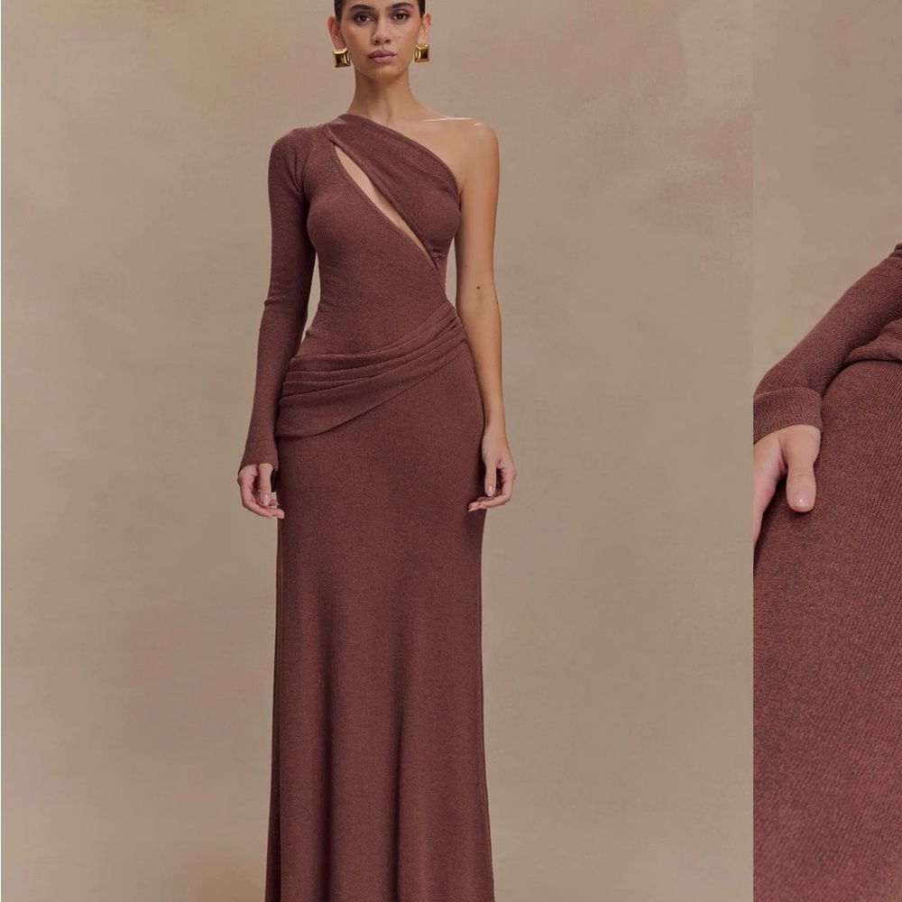 Meshki Alexius One-Shoulder Knit Cutout Maxi Dress in Nutmeg (brown)